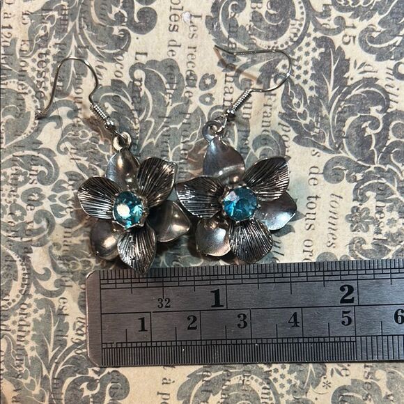 Silver Floral Earrings with Blue Accents - Picture 1 of 3